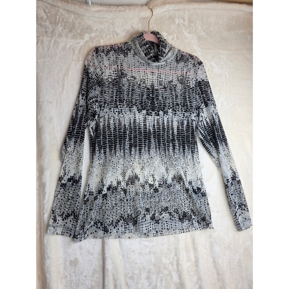 Sheer Mesh Turtle Neck Long Sleeve Top Black White Print Medium